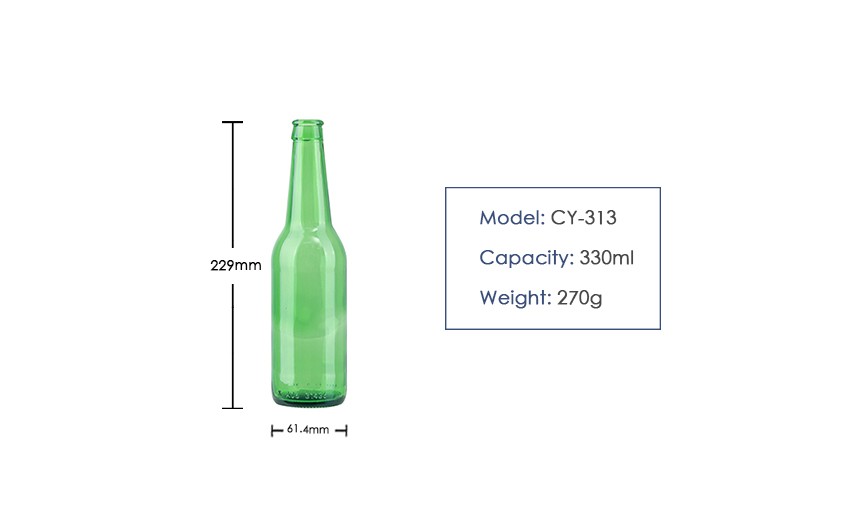 330ml Crown Cap Beer Glass Bottle CY-313 - Product Size