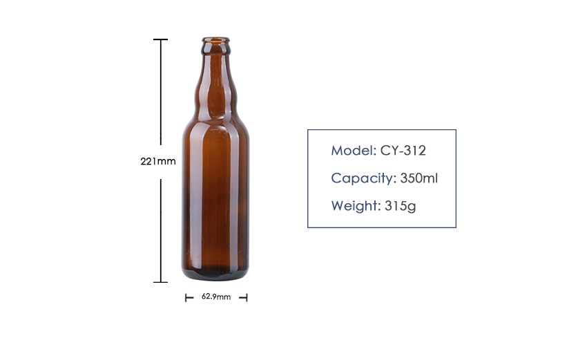 350ml Crown Cap Beer Glass Bottle CY-312 - Product Size